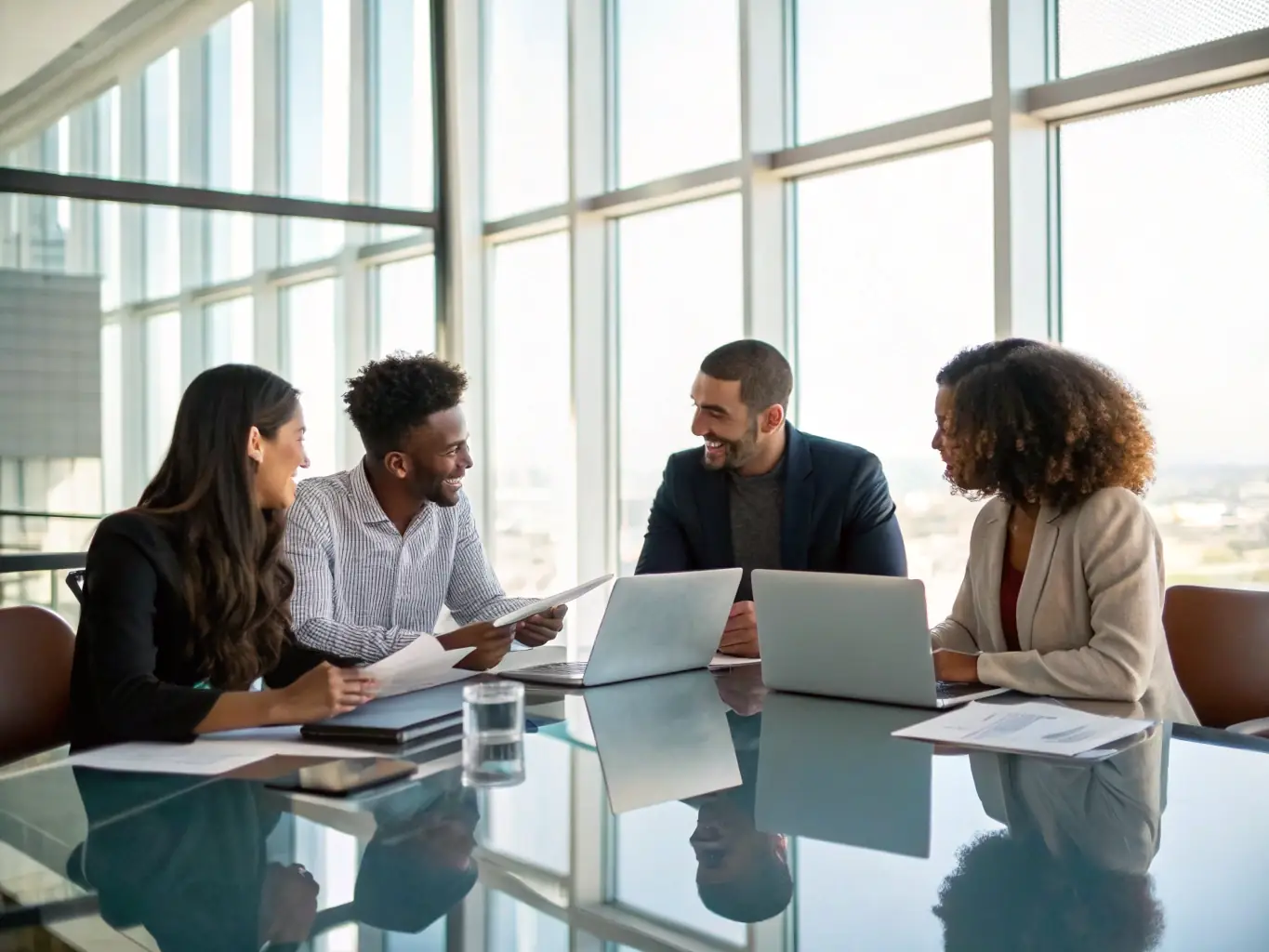 An image of a diverse team of consultants collaborating around a table, reviewing data and discussing strategies, set in a modern, brightly lit office environment.
