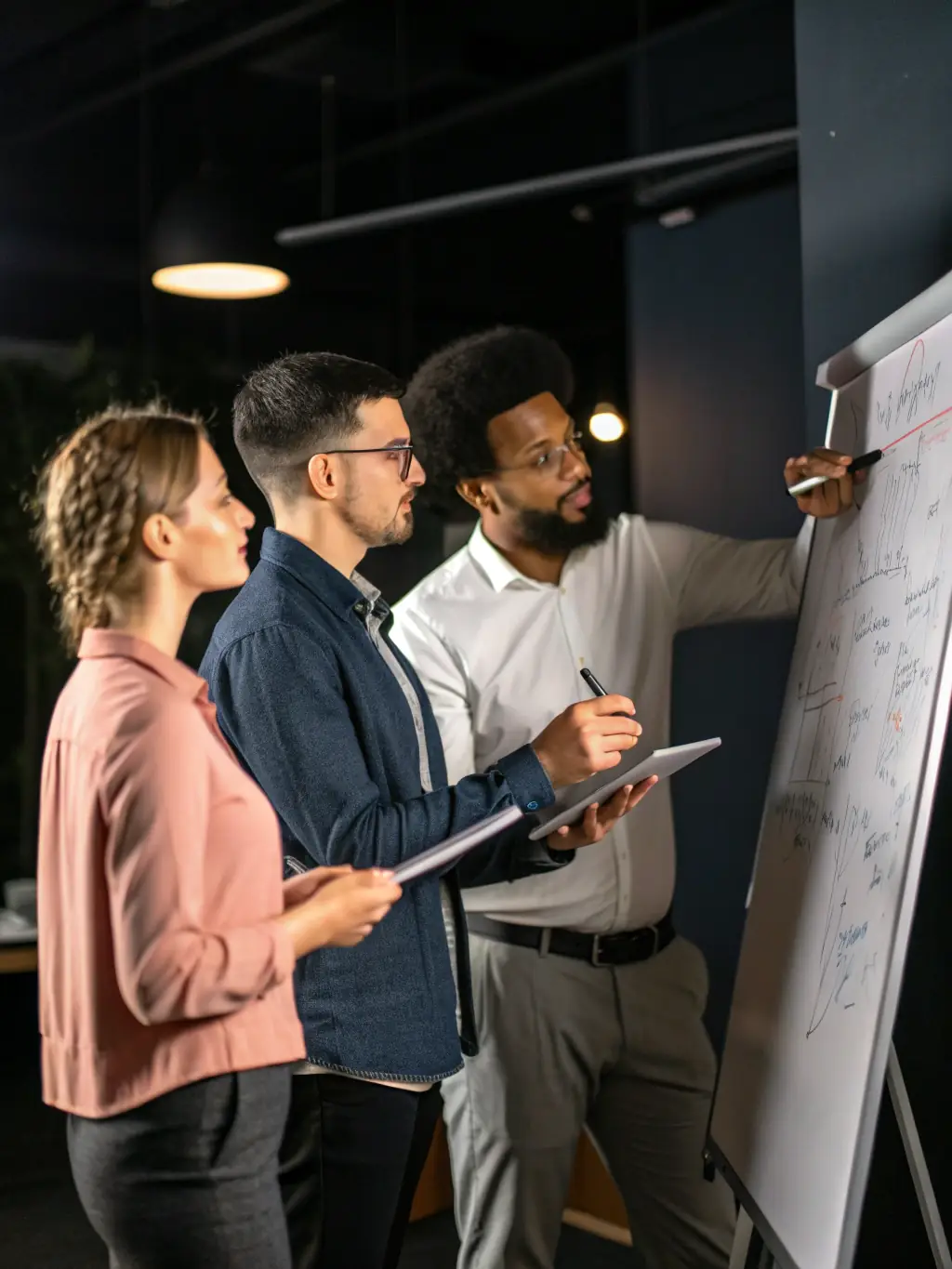A diverse team collaborating on a digital whiteboard, brainstorming innovative solutions for business scaling and automation.