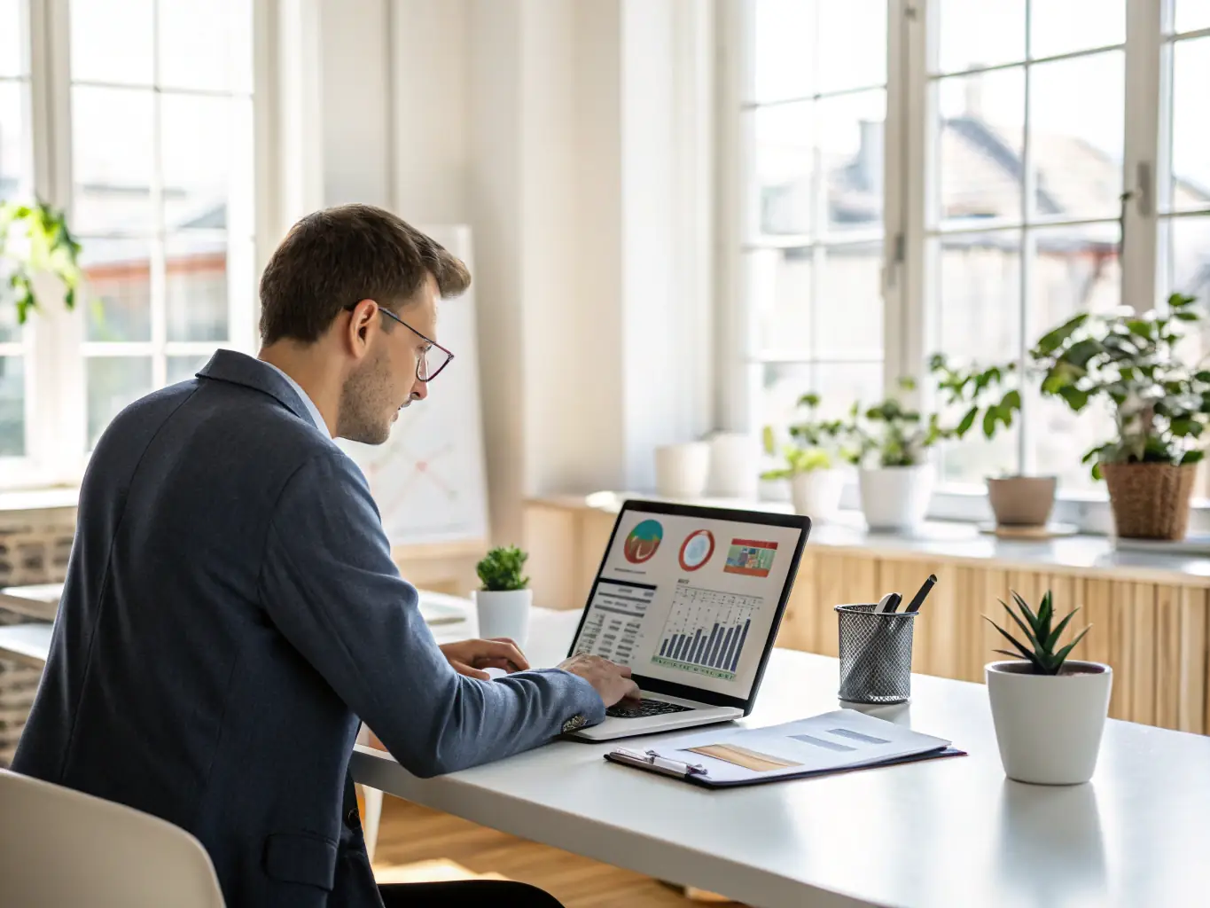 A professional consultant is analyzing data on a laptop screen, with charts and graphs visible, in a modern office setting, representing business scaling consulting services.