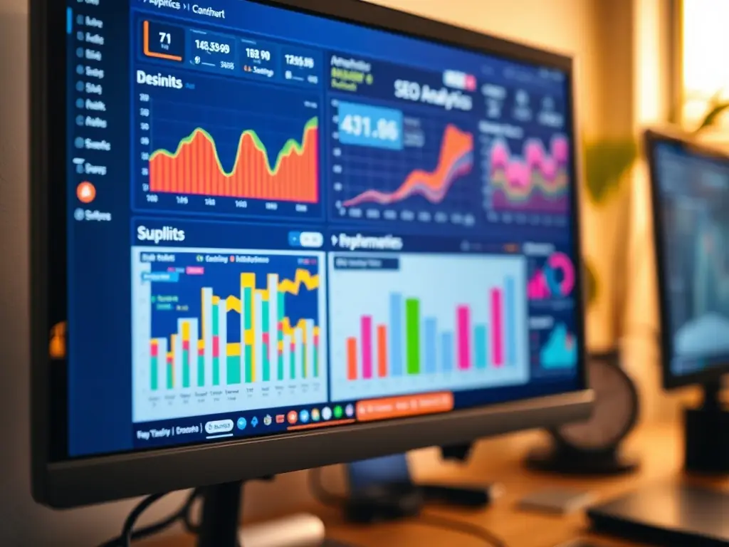 A website dashboard showing SEO metrics and keyword rankings, with a focus on increasing organic traffic and improving search engine visibility, representing SEO optimization services.