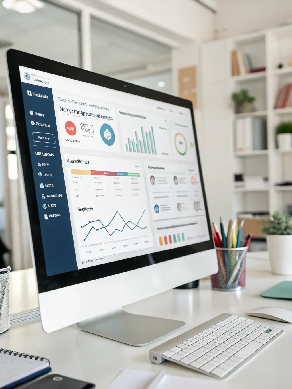 A team member configuring a CRM dashboard with automation workflows on a sleek computer screen, illustrating CRM automation and tracking.