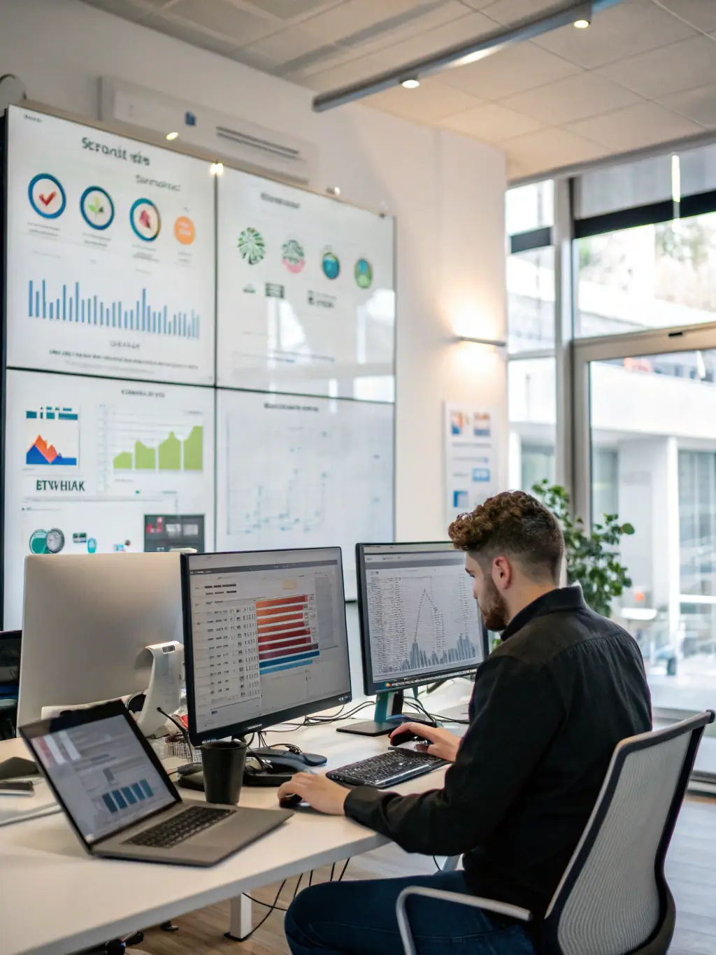A digital marketing specialist setting up ad campaigns on a dual-monitor setup with funnel diagrams overlayed, representing paid acquisition and funnel optimization.