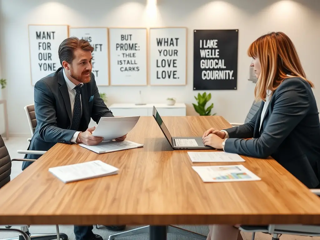 A consultant in a modern office setting, reviewing growth strategy documents with a client, emphasizing collaboration and strategic planning.